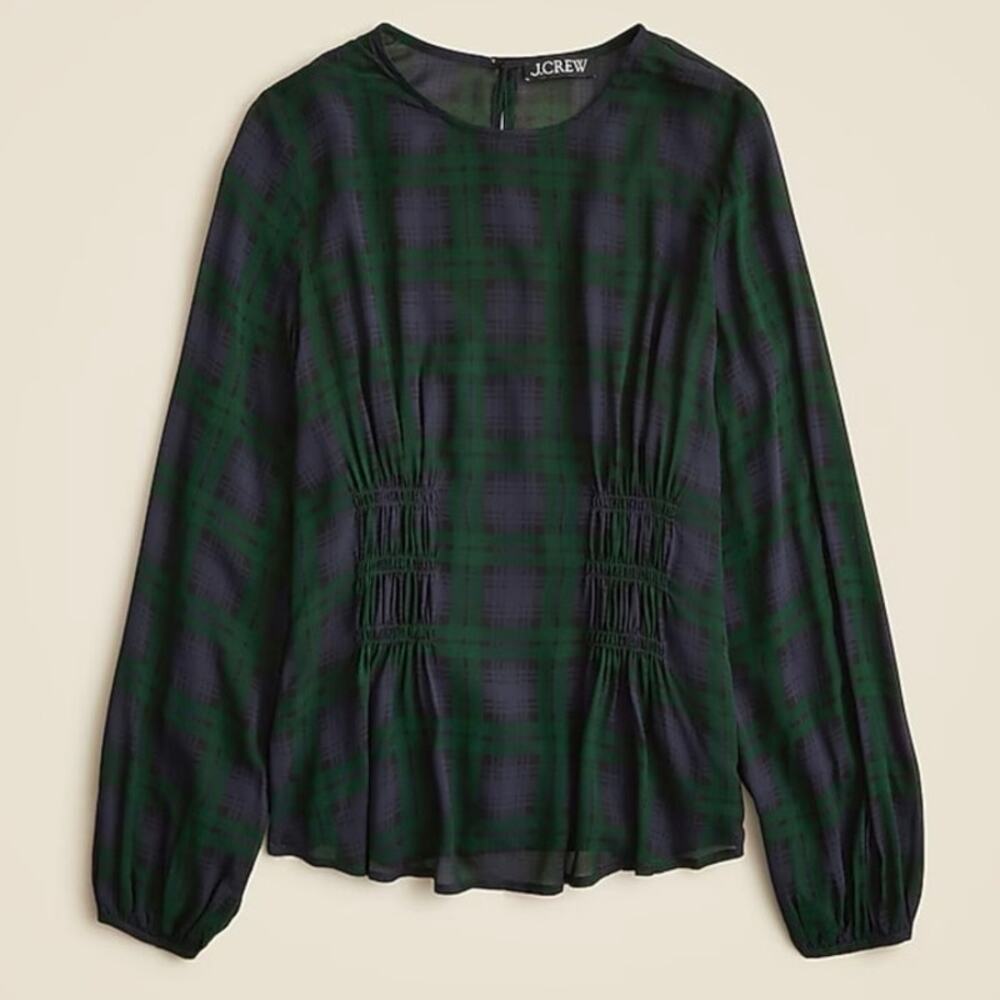 J.Crew Chiffon Shirred Waist Top Black Watch Tartan Preppy Plaid Size 2 NWT